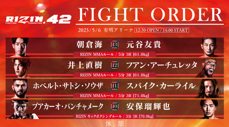 RIZIN.42】5.6試合順決定！メインに朝倉海vs元谷、セミは井上vs